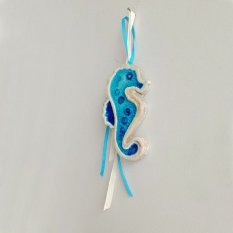 Blue sea horse wall hanging, ceramic blue sea horse for the wall, handbuilt sea horse wall hanging with cracked glaze 2