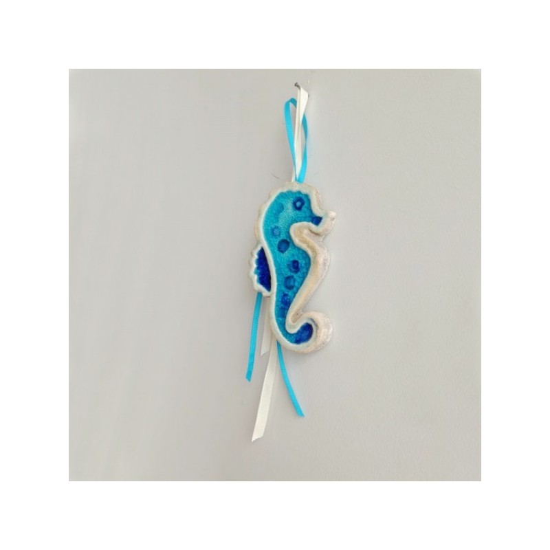 Blue sea horse wall hanging, ceramic blue sea horse for the wall, handbuilt sea horse wall hanging with cracked glaze
