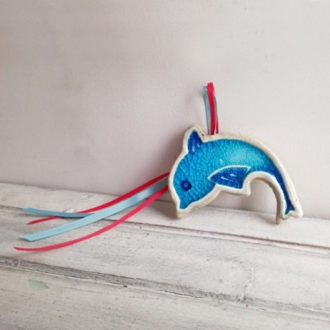Blue dolphin wall hanging, ceramic blue dolphin for the wall, handbuilt dolphin wall hanging with cracked glaze 2