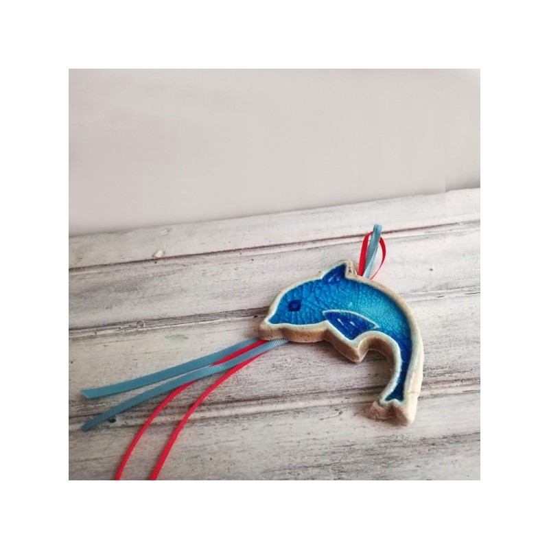 Blue dolphin wall hanging, ceramic blue dolphin for the wall, handbuilt dolphin wall hanging with cracked glaze