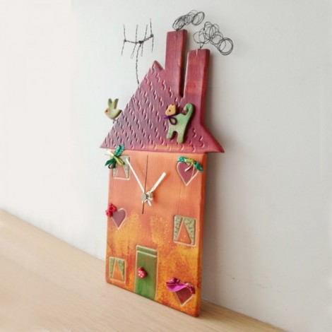 Red house clock, colourful ceramic house clock, house shaped wall clock, three storey house clock with antenna and wire smoke 2