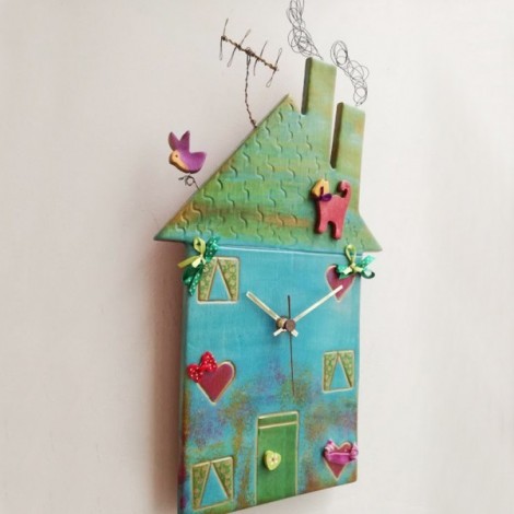 Green house clock, colourful ceramic house clock, three storey house clock with antenna and wire smoke 2
