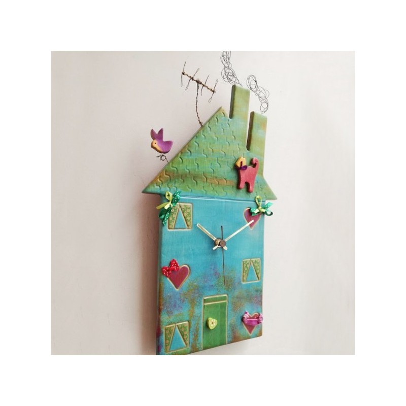 Green house clock, colourful ceramic house clock, three storey house clock with antenna and wire smoke