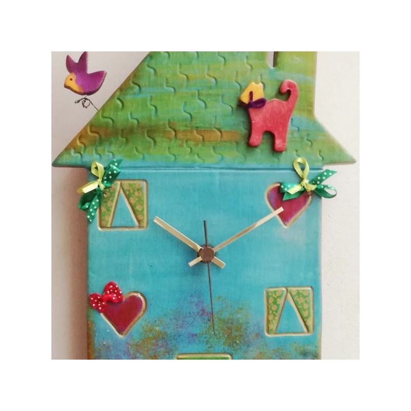 Green house clock, colourful ceramic house clock, three storey house clock with antenna and wire smoke