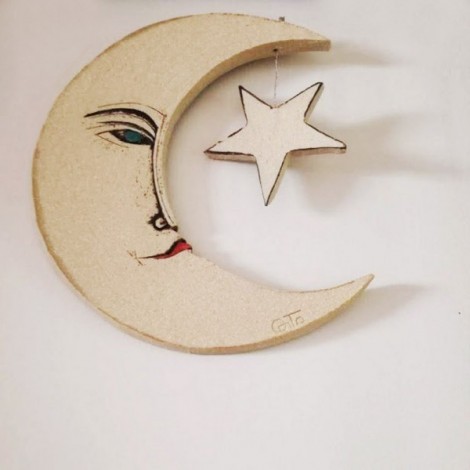 Moon and star wall hanging, hand built ceramic moon and star wall sculpture, stoneware high fire moon and star 2