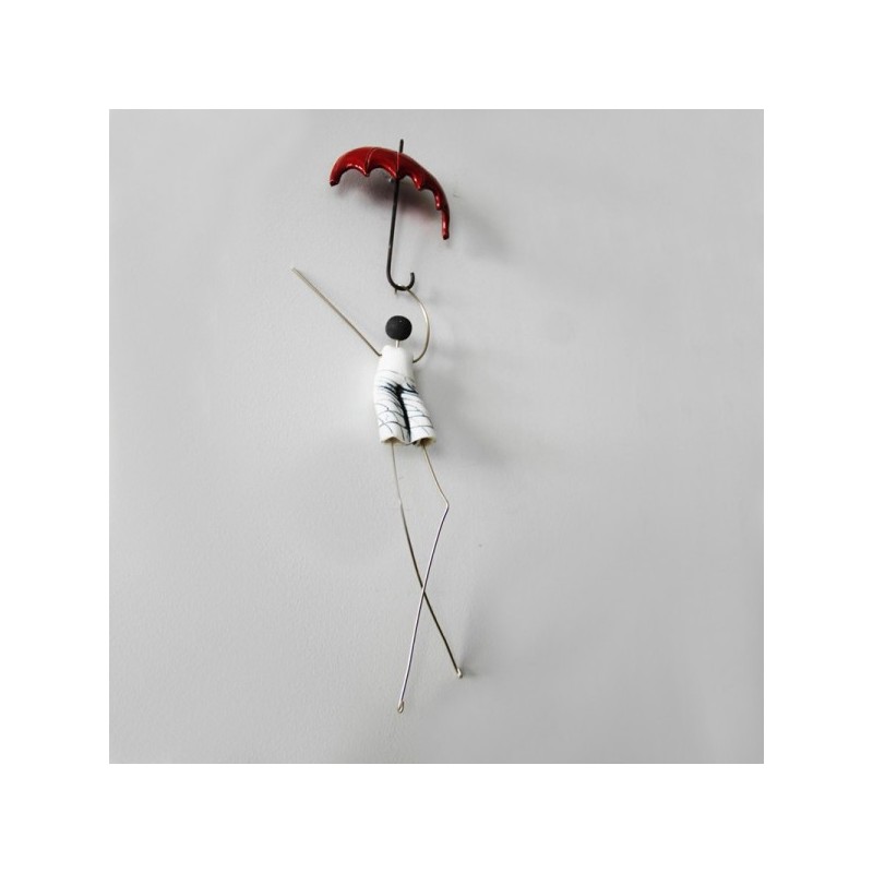 Figures with umbrella sculptures, wall umbrella miniatures with abstract figurines, set of two