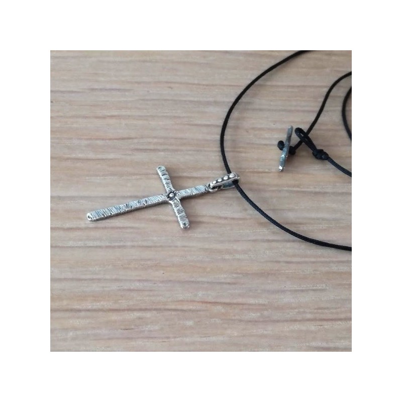 Silver mens cross, oxidised thin silver cross, textured silver cross on black cord, unisex silver cross