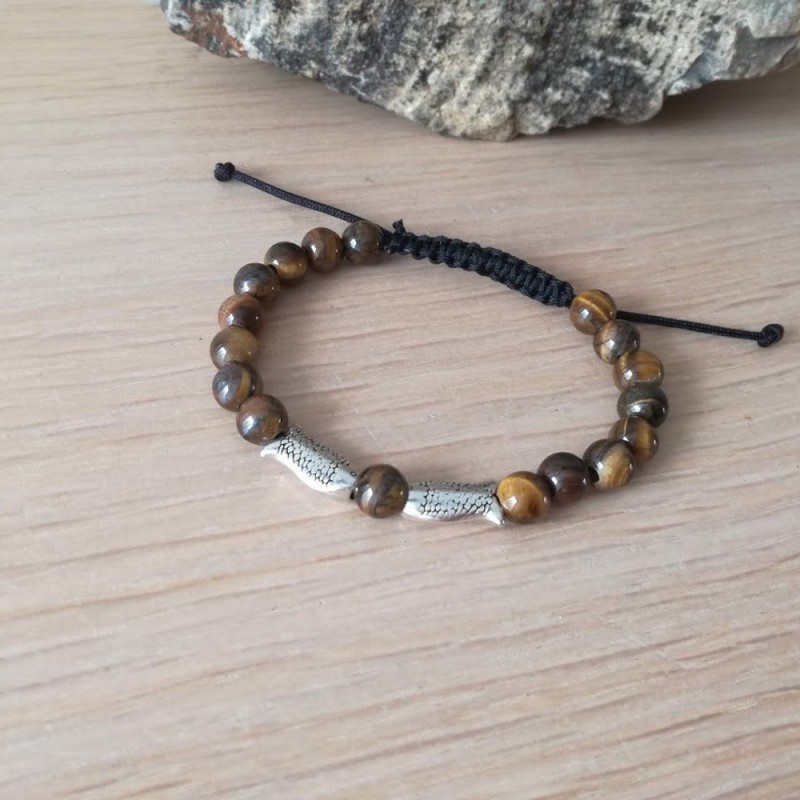 Silver fish bracelet mens silver cuff tiger eye beads macrame bracelet