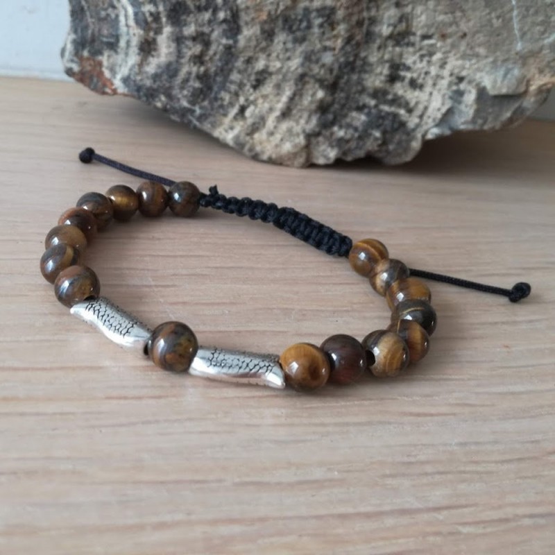 Silver fish bracelet, mens two fish silver cuff with tiger eye beads  macrame bracelet