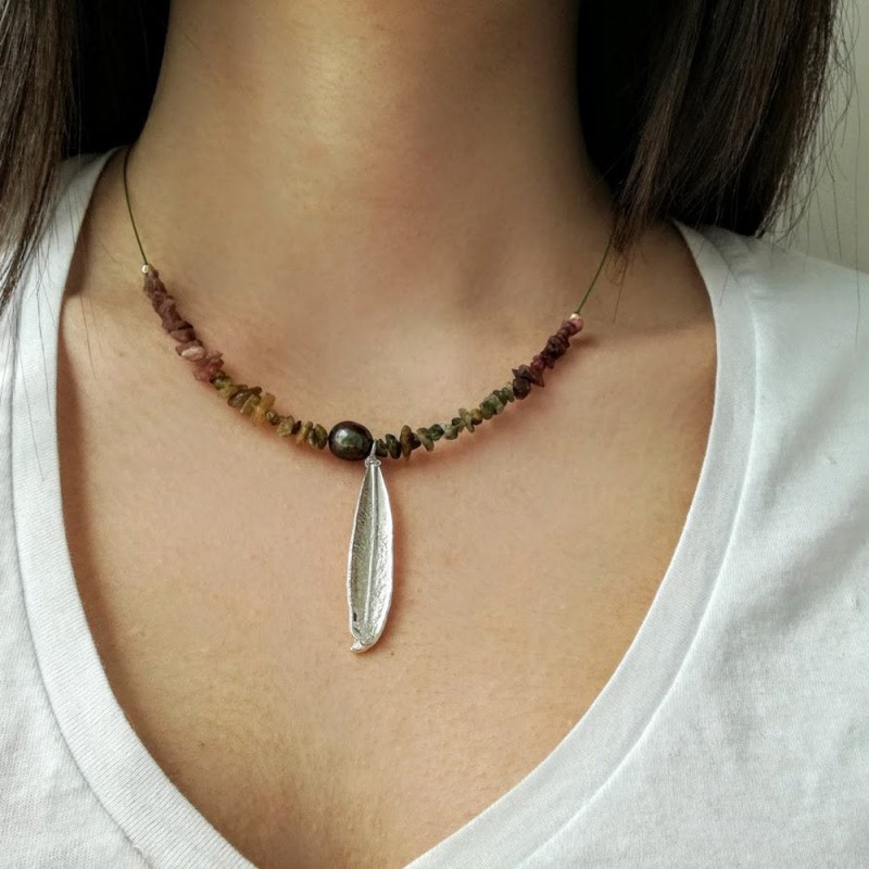 Olive leaf necklace, sterling silver, electroplated olive leaf necklace with tourmaline chips and green pearl