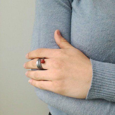 Open coral ring oxidised silver ring with sponge coral and silver leaf 2