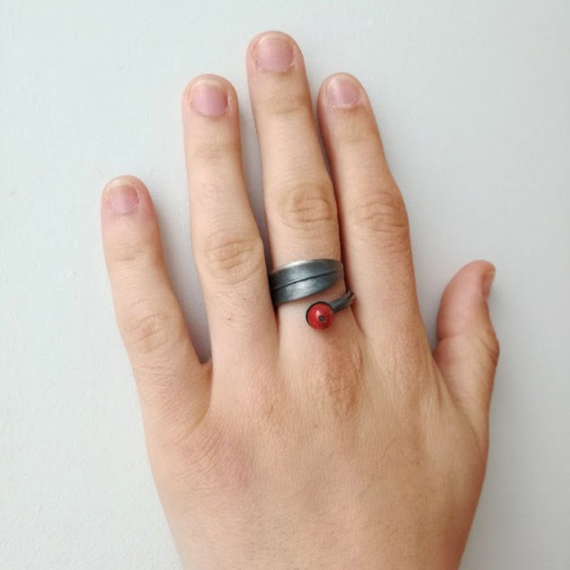 Open coral ring oxidised silver ring with sponge coral and silver leaf
