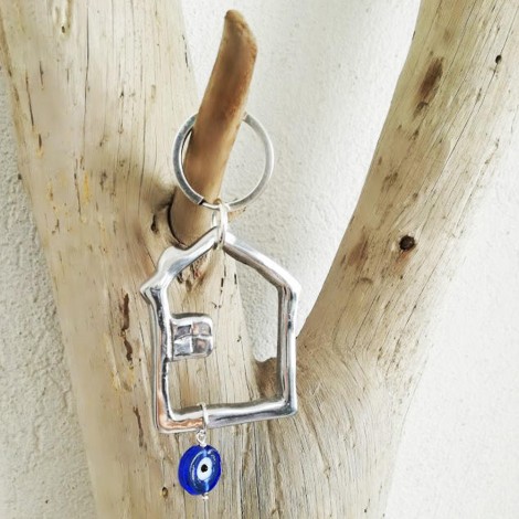 Silver house keychain, aluminum house outline key ring with glass blue eye, good luck keyring, unisex key chain, house and eye k 2