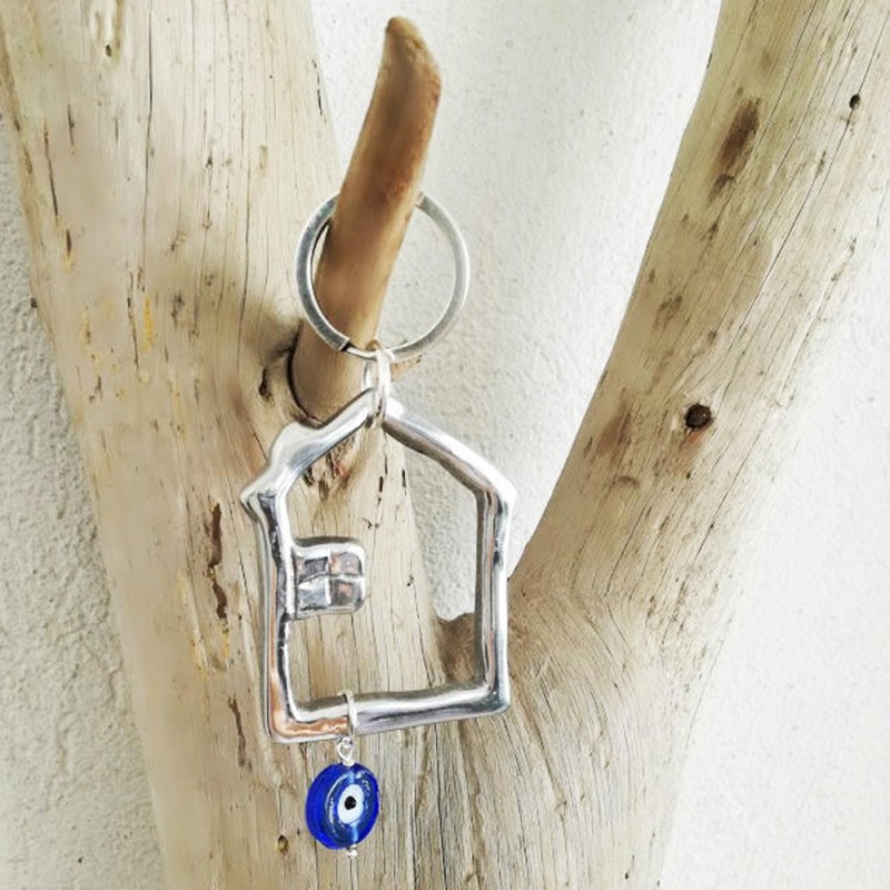Silver house keychain, aluminum house outline key ring with glass blue eye, good luck keyring, unisex key chain, house and eye k
