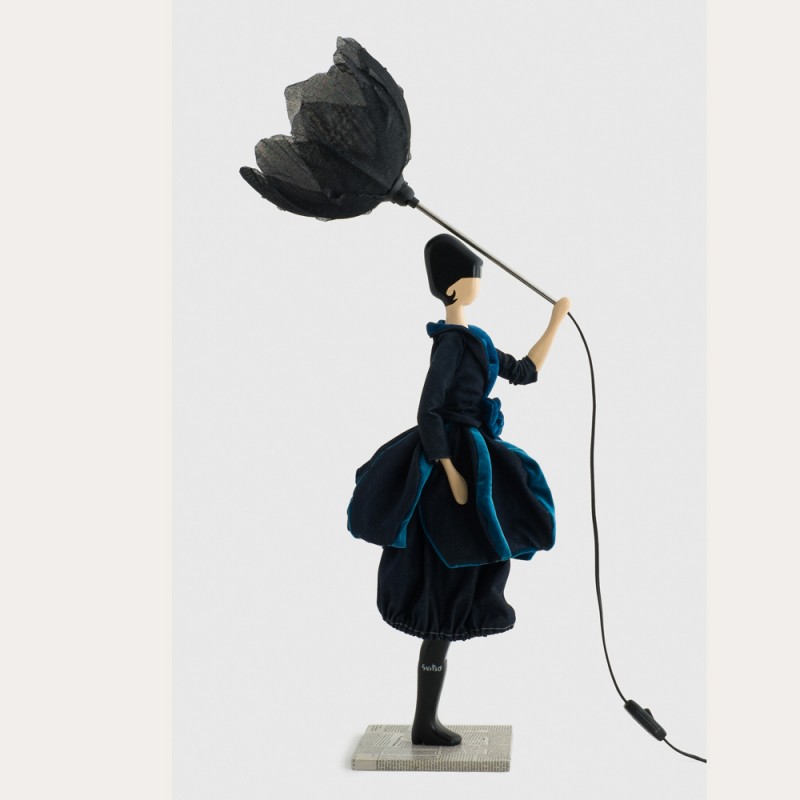 Wooden table lamp, girl with umbrella...