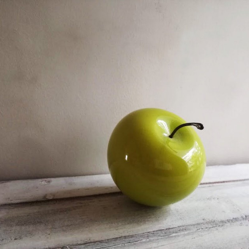 Green Ceramic Apple sculpture , life size lime green ceramic apple with iron stem, minimal autumn harvest