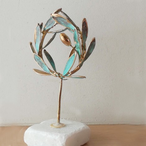 Small olive wreath, real olive twigs wreath, GrecoRoman style wreath on stone, electroplated olive twigs with brass and copper 2