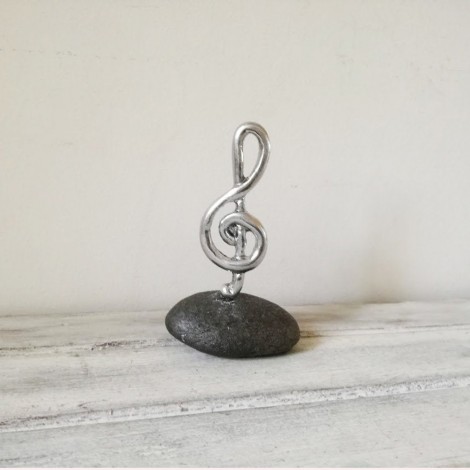 Treble clef sculpture, silver treble clef on black stone, treble clef