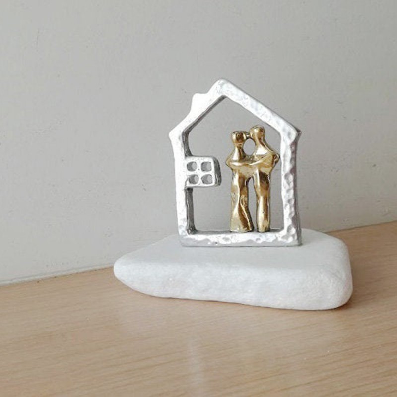 House and couple sculpture, aluminum house outline with brass couple, modern house and lovers sculpture