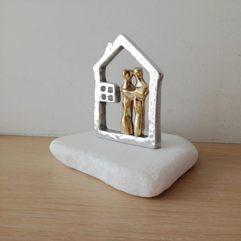 House and couple sculpture, aluminum house outline with brass couple, modern house and lovers sculpture