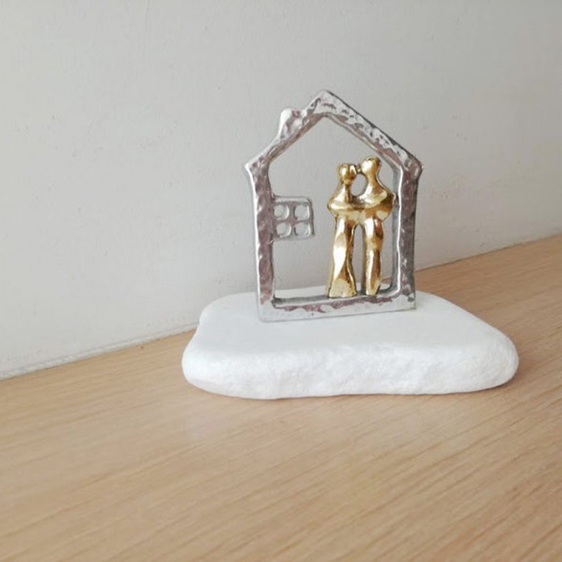 House and couple sculpture, aluminum house outline with brass couple, modern house and lovers sculpture