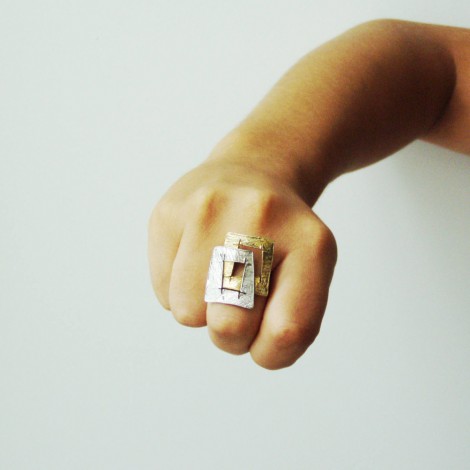 Double squares ring, gold and silver square ring, sterling silver and gold plated, overlapping squares ring 2