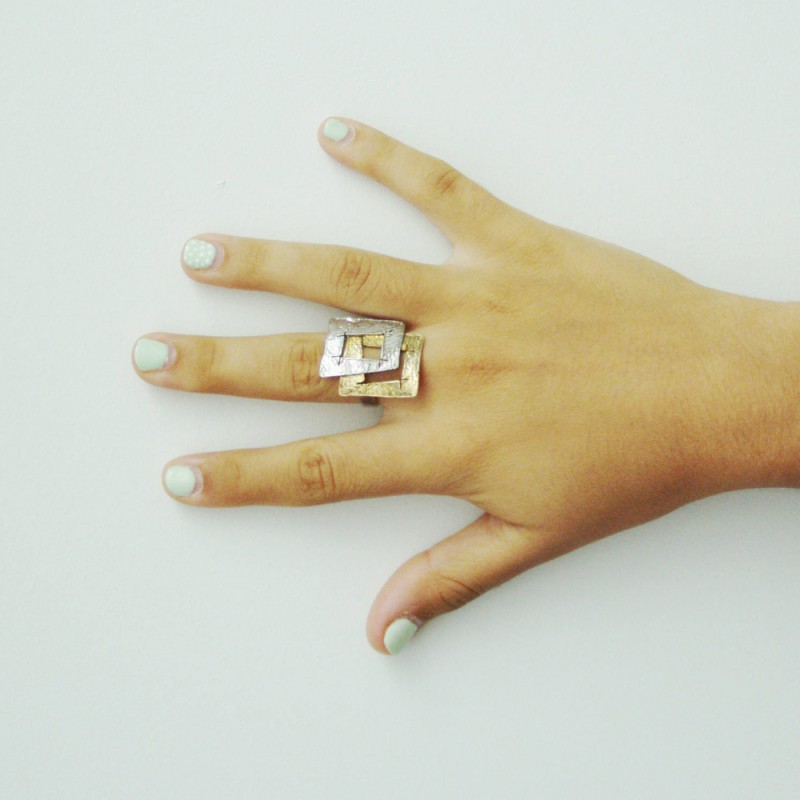 Double squares ring, gold and silver square ring, sterling silver and gold plated, overlapping squares ring