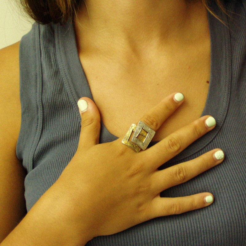 Double squares ring, gold and silver square ring, sterling silver and gold plated, overlapping squares ring