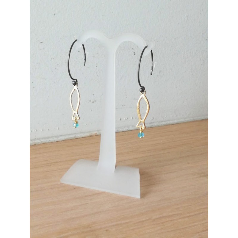Gold fish earrings, sterling silver gold plated fish on black, sterling hoops, quirky fishy earrings