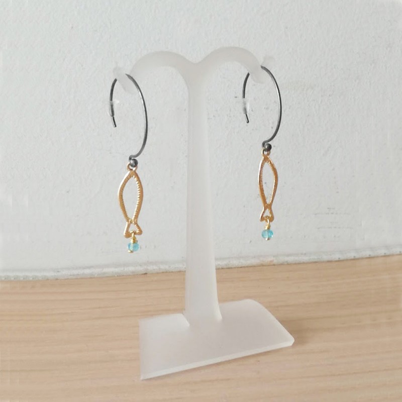 Gold fish earrings, sterling silver gold plated fish on black, sterling hoops, quirky fishy earrings