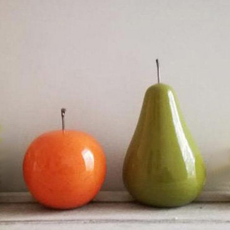 Orange and pear sculptures, ceramic fruit sculptures of orange and green pear 2