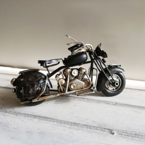 Black motorcycle miniature, retro collectible miniature of black, vintage motorbike with black saddlebags on the sides 2