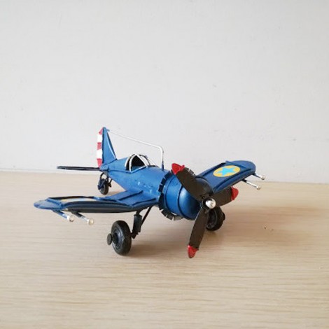 Blue metal plane, vintage, collectible miniature, retro plane with cockpit grid and moving propeller 2