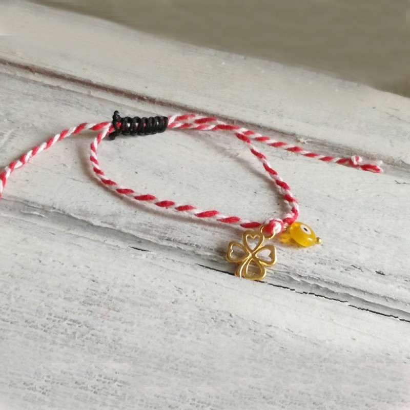 Clover March bracelet, four leaf clover March bracelet, red white March bracelet with four leaf clover charm and eye charm