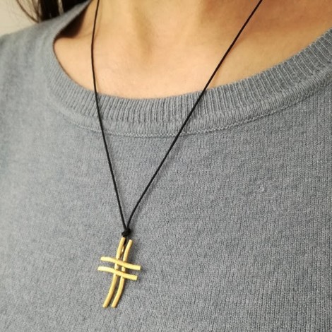 Double gold cross necklace, minimal sterling cross on black cord, unisex, quirky gold plated silver cross in a double pattern