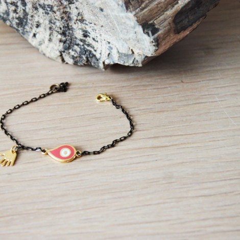 Gold eye bracelet, eye and hand charm bracelet, oxidised and gold chain with coral red eye and gold hand charm 2