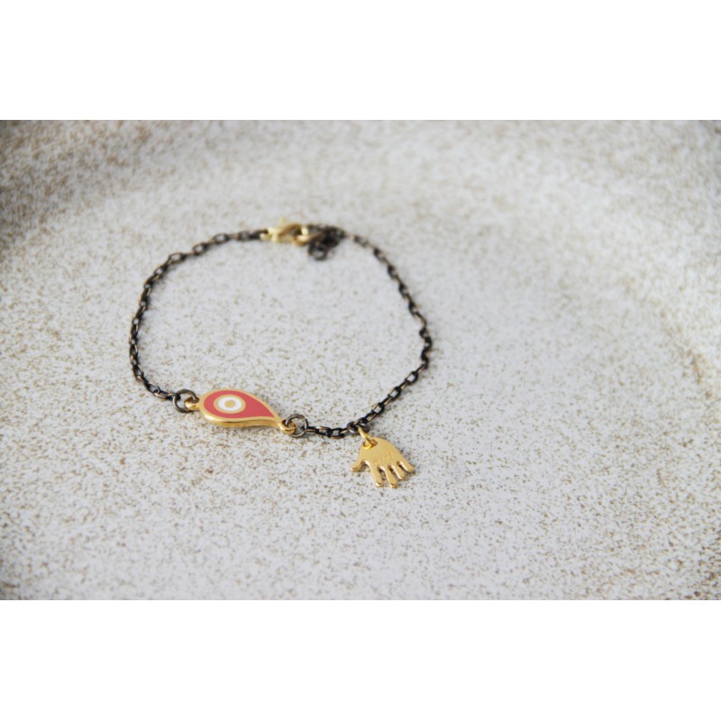 Gold eye bracelet, eye and hand charm bracelet, oxidised and gold chain with coral red eye and gold hand charm