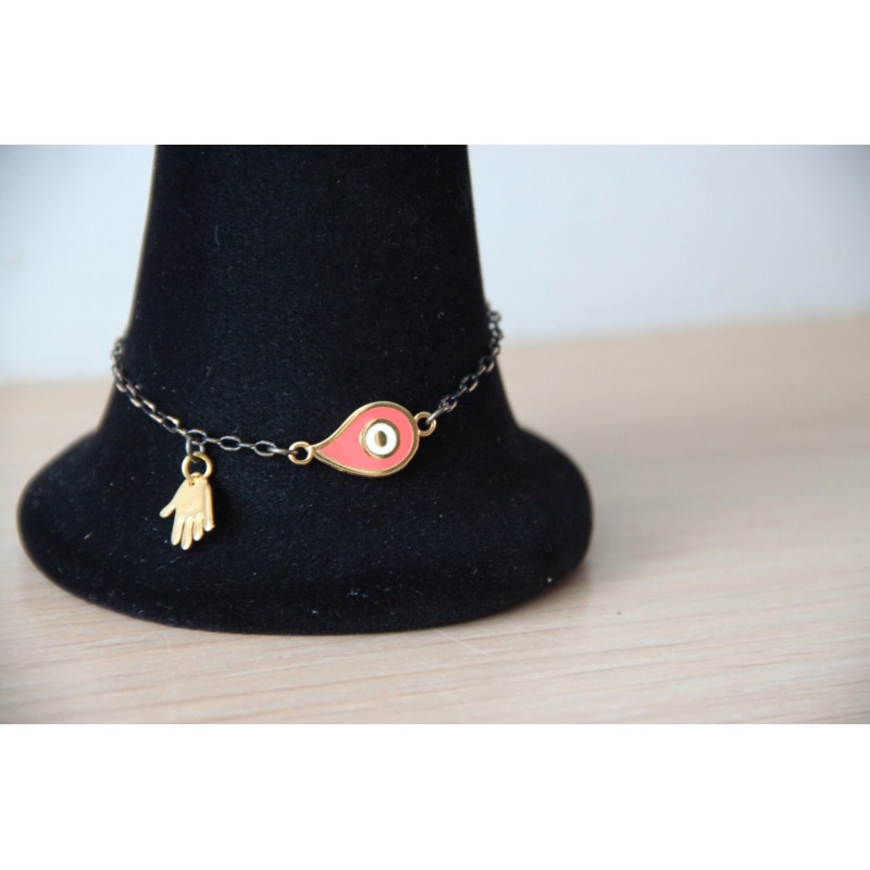 Gold eye bracelet, eye and hand charm bracelet, oxidised and gold chain with coral red eye and gold hand charm