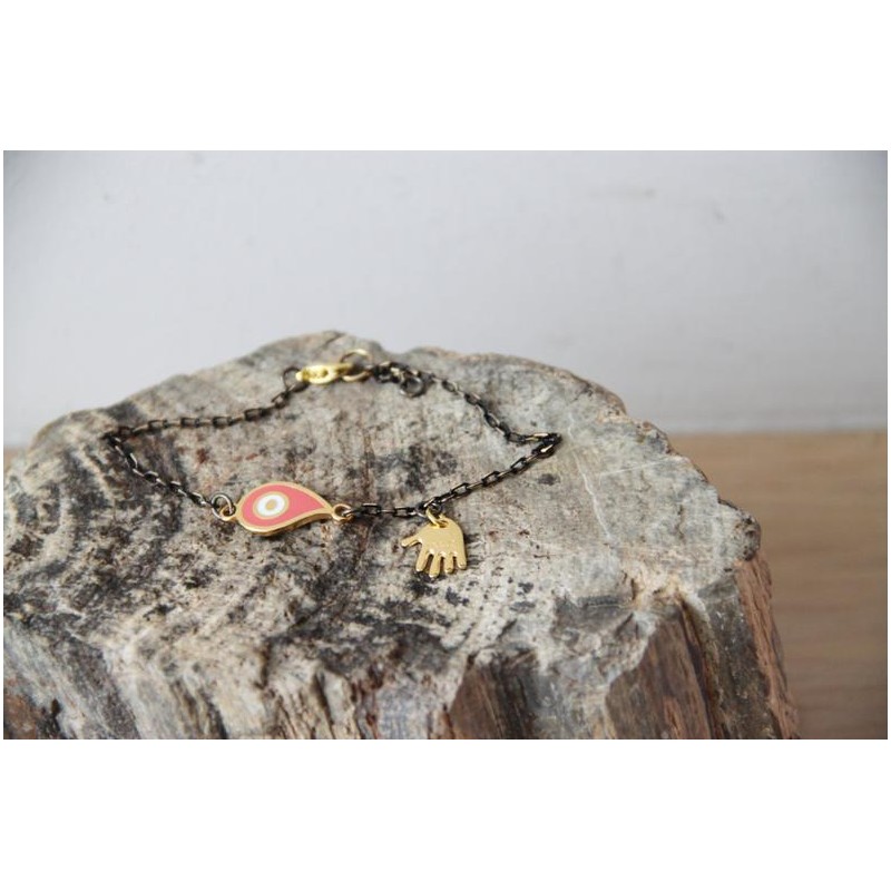 Gold eye bracelet, eye and hand charm bracelet, oxidised and gold chain with coral red eye and gold hand charm
