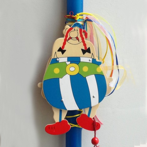 Obelix marionette Easter candle, blue Greek Easter candle with wooden Obelix puppet, movable parts, 2