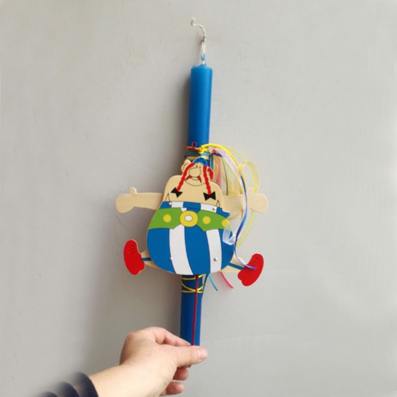 Obelix marionette Easter candle, blue Greek Easter candle with wooden Obelix puppet, movable parts,