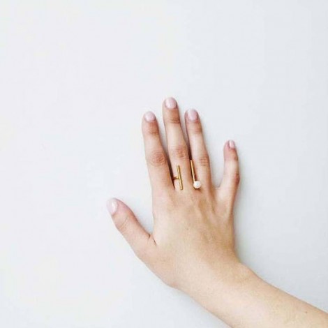 Gold bars ring, open gold plated ring with white pearl, sterling silver gold plated ring
