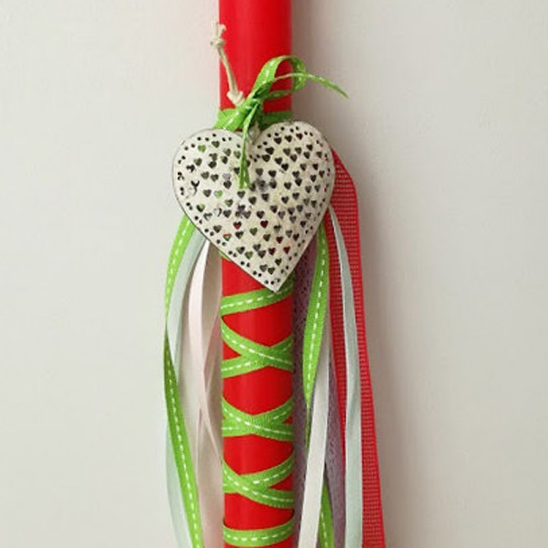 Heart Easter candle, white metal heart on red, Easter candle, Greek Easter candle for teen girls and women