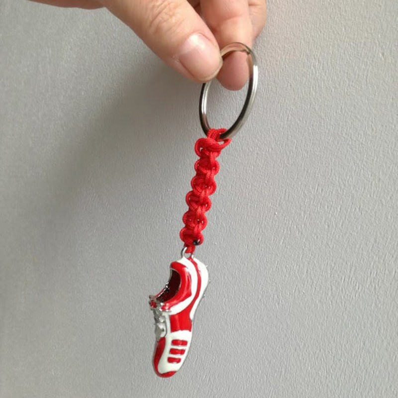 Football shoe keyring, red and white football shoe, Olympiakos shoe key ring, soccer shoe key chain