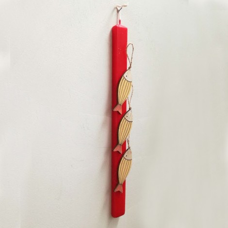 Fishies Easter candle, red Greek Easter candle with fish wooden ornaments 2