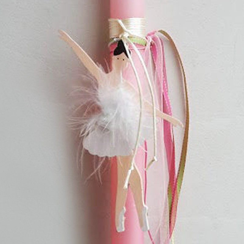 Ballerina Easter candle, pink candle with wooden ballerina cutout and feathers, Greek Easter candle for girls