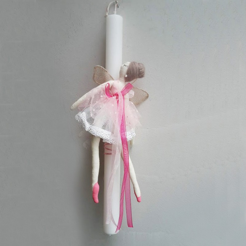 Ballerina Easter candle, white candle with pink ballerina plushie, Greek Easter candle for girls and teen girls