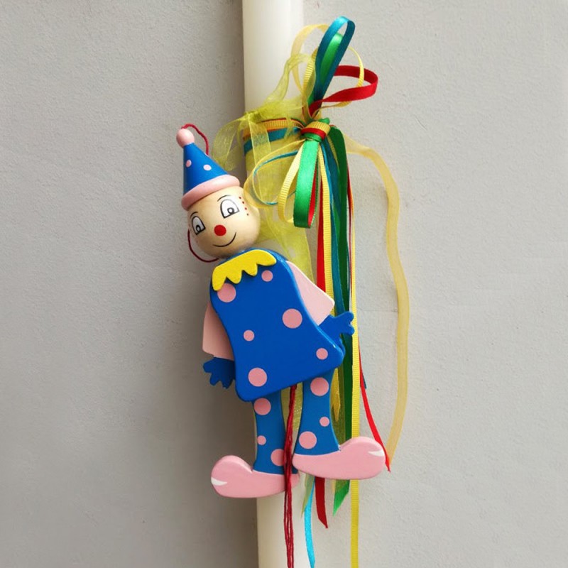 Clown puppet, Easter candle, white Easter candle with wooden clown puppet, Greek lambada for kids and babies