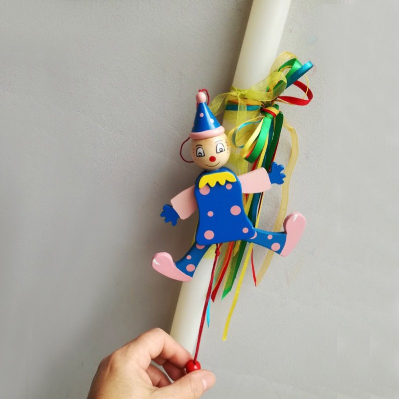 Clown puppet, Easter candle, white Easter candle with wooden clown puppet, Greek lambada for kids and babies