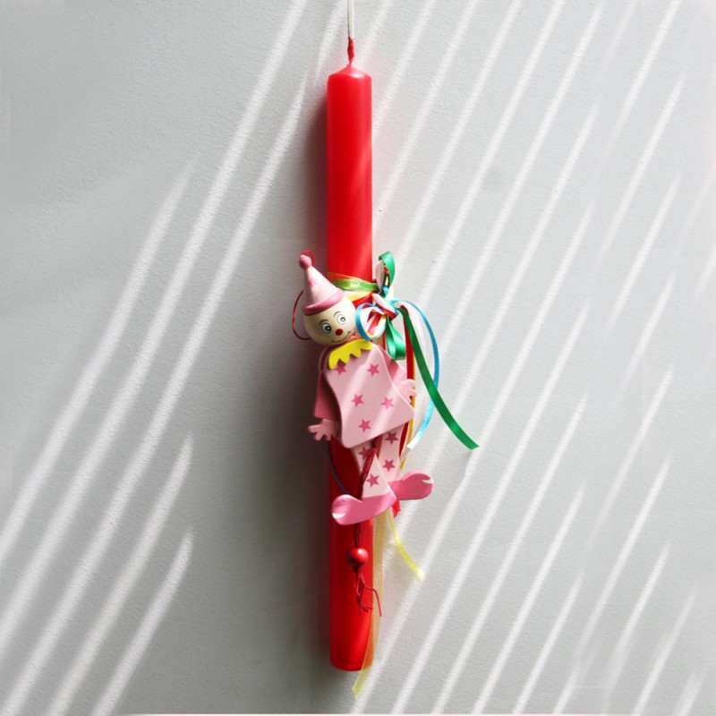 Clown puppet, Easter candle, red Easter candle with wooden clown puppet, Greek lambada for girls